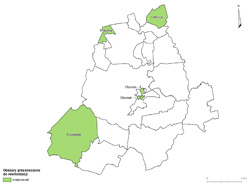 Na mapie zaznaczono obszary przeznaczone do rewitalizacji w Gminie Okonek: Ciosaniec, Kruszka, Lubnica, Okonek