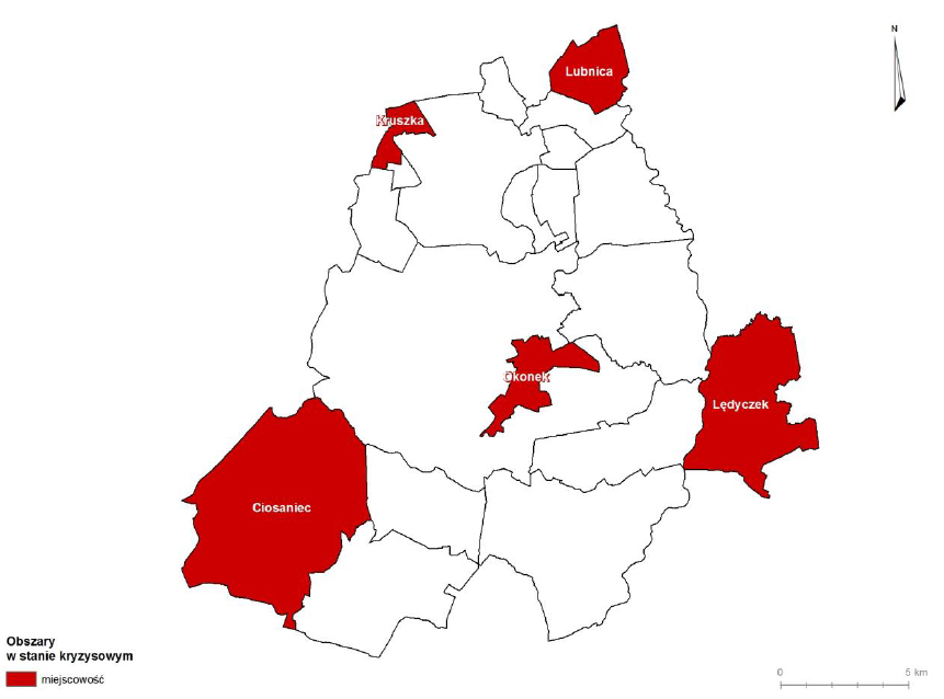 Na mapie zaznaczone zostały obszary w stanie kryzysowym na terenie Gminy Okonek: Ciosaniec, Lędyczek, Okonek, Kruszka, Lubnica
