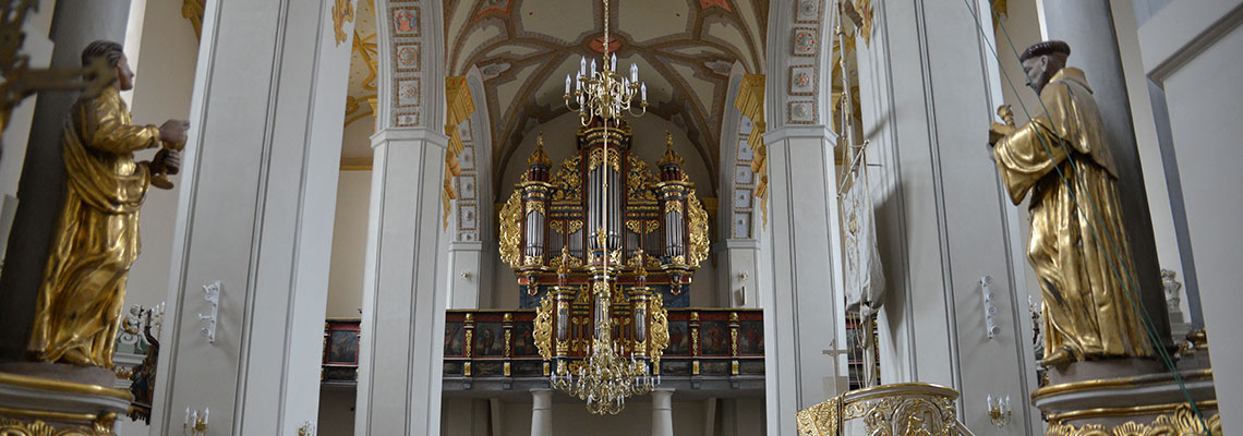 Fotografia przedstawia nawę główną kościoła pod wezwaniem świętego Stanisława Biskupa i Męczennika w Kaliszu. Widoczne są ławki oraz organy umieszczone na balkonie. Autorem zdjęcia jest Dominik Wójcik.