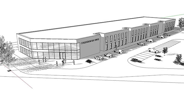 Wizualizacja przedstawia wygląd Centrum Technologii Kreacyjnych. Czarno-biała grafika pokazuje nowoczesny, duży budynek z parkingiem. Wizualizacja pochodzi z archiwum beneficjenta.