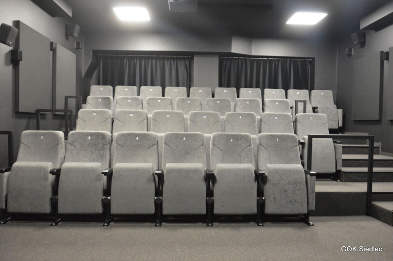 Fotografia przedstawia niewielką salę kinową, w której znajduje się trzydzieści wygodnych foteli (fot. Gminny Ośrodek Kultury w Siedlcu).