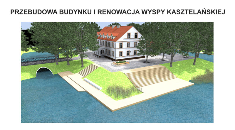 Wizualizacja przedstawia wygląd Wyspy Kasztelańskiej po rewitalizacji, wraz z odnowionym budynkiem. Wizualizacja pochodzi z archiwum beneficjenta.