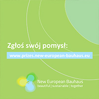 NEB Prizes – Grafika składa się z zielono-niebieskiego tła i napisów: zgłoś swój pomysł; www.prizes.new-european-bauhaus.eu/; New European Bauhaus beautiful, sustainable, together.