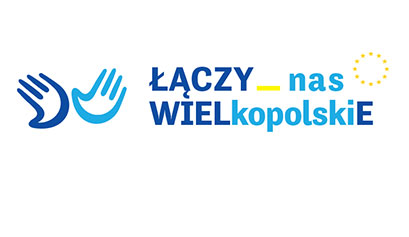 Na logo składa się niebieski symbol dwóch dłoni oraz niebieski napis Łączy nas Wielkopolskie, wszystko na białym tle. Logo pochodzi z archiwum organizatora.