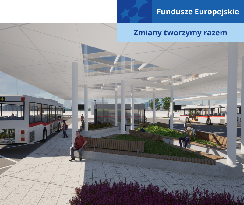 Wizualizacja przedstawia zadaszone centrum przesiadkowe. Widzimy wiatę przystankową, niewielki, przeszklony budynek, autobusy i pasażerów oczekujących na transport. Widoczne są też rośliny. Wizualizacja pochodzi z archiwum beneficjenta.